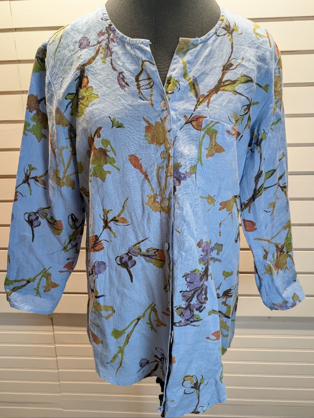 Habitat XS Linen Floral Button Front Tunic Lagenlook Relaxed EUC